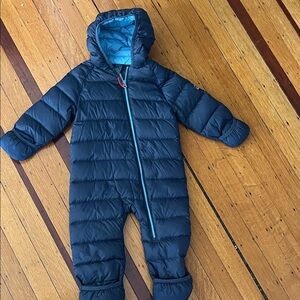 L.L. Bean Navy Blue Puffy Hooded Snowsuit with Teal Lining